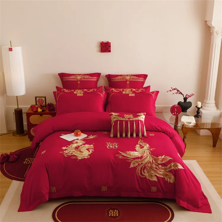 全棉100%精致龙凤婚庆中式绣花床品套件绣花透气床品保暖四件套