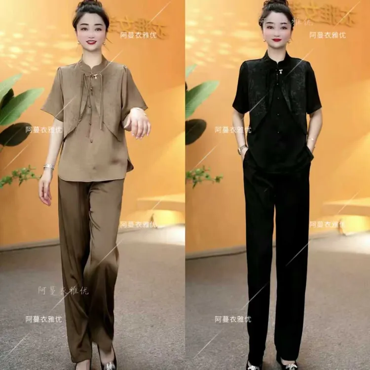 【衣雅严选】8102-453#新品气质丝缎手抓花新中式国风休闲时尚套装