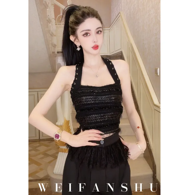 WEIFANSHU/魏凡舒【镜头焦点】早秋新款设计感显瘦百搭蕾丝挂脖背心