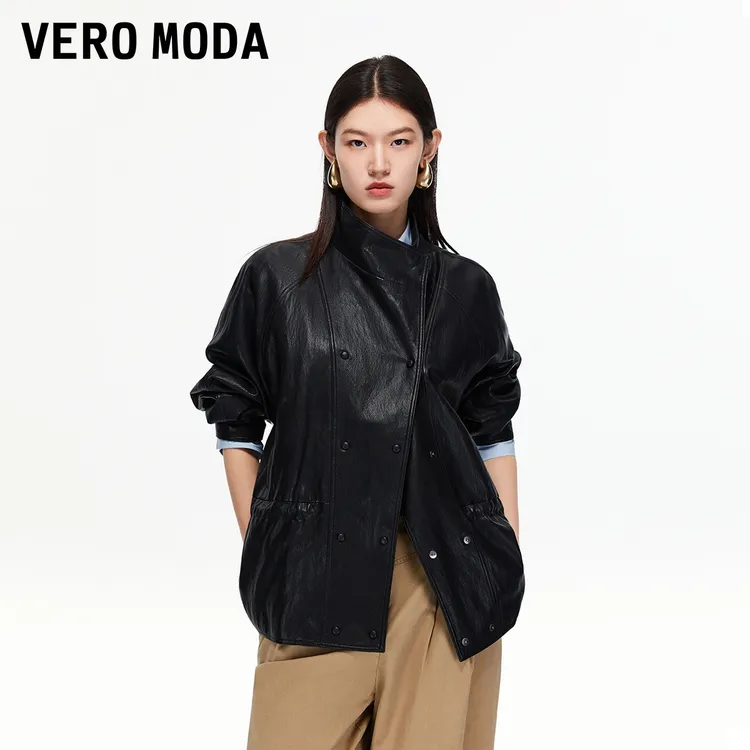 Vero Moda夹克2025秋季新款含棉小立领腰部抽绳PU外套老钱风