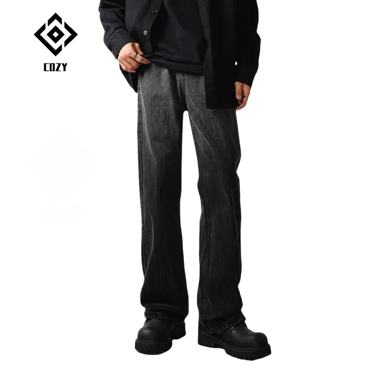 欧美vibe风水洗灰破坏做旧牛仔裤男ins潮牌高街小众直筒显瘦长裤