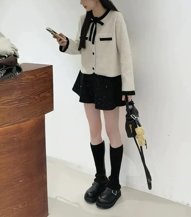 韩版小香风蝴蝶结系带开衫短款上衣针织开衫