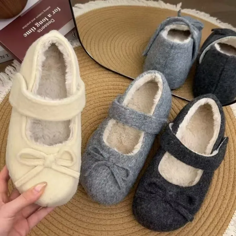 秋冬新款双蝴蝶结设计法式名媛学院风加绒加厚爆款玛丽珍休闲鞋