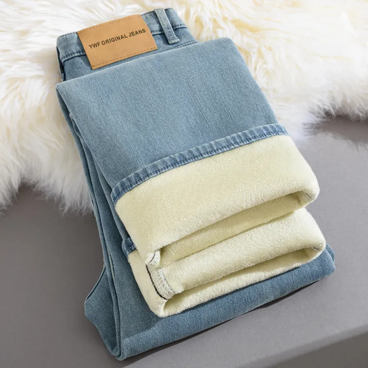 浅色秋冬加绒直筒牛仔裤子女款2025新款高腰显瘦弹力小个子烟管裤