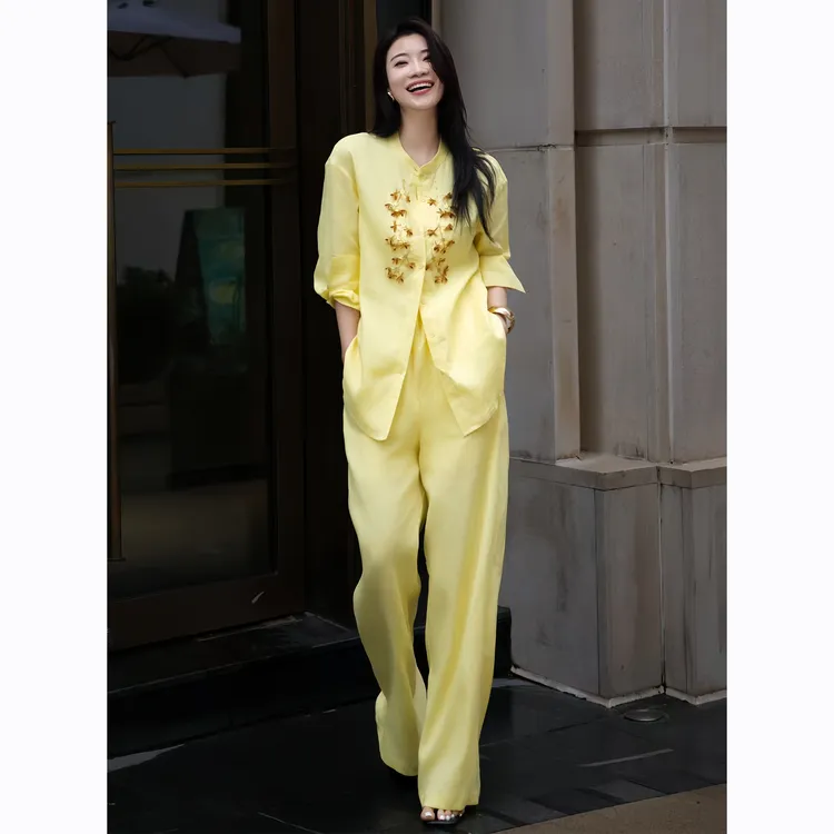 ZEROYK时尚套装2025夏高级老钱风亚麻手工钉珠宽松上衣长裤两件套