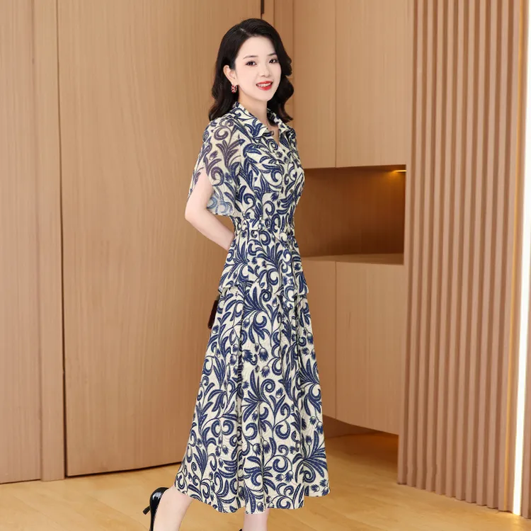 洋气贵夫人气质时尚大气休闲复古显瘦套裙碎花短袖中长款优雅印花