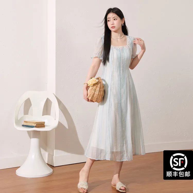 蓝语大码女装海边度假天丝连衣长裙夏季气质优雅方领显瘦仙女裙