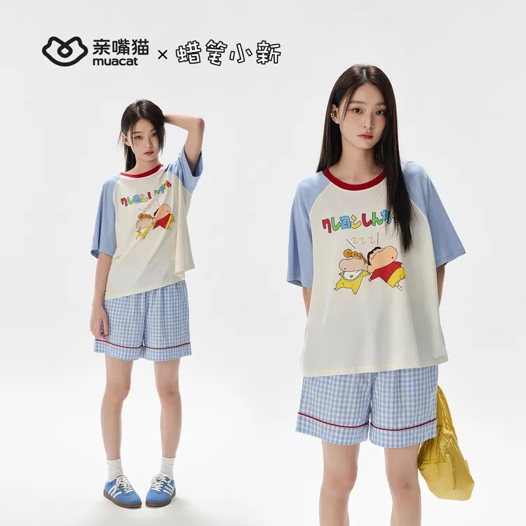 亲嘴猫蜡笔小新莫代尔棉可外穿卡通减龄格子短裤短袖睡衣家居服女