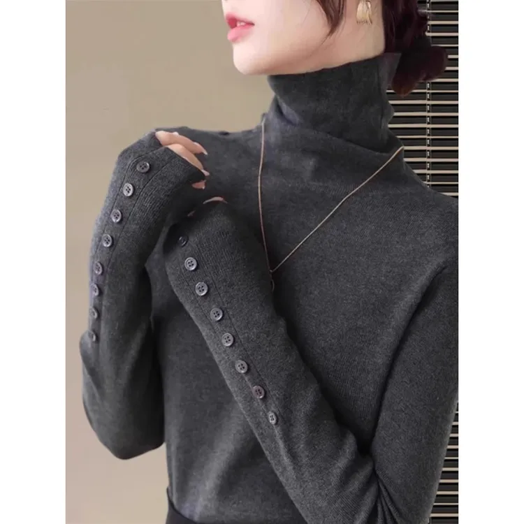 芯娇晴软糯灰色高领针织打底衫女秋冬袖口纽扣内搭上衣堆堆领毛衣