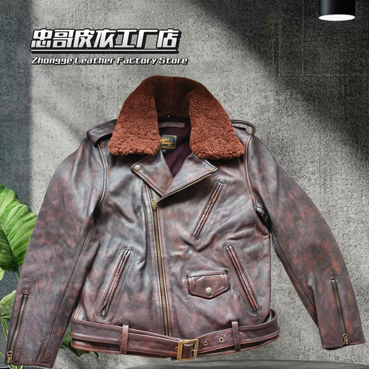 2404擦色可拆卸毛领真皮短款修身型保暖翻领秋季皮衣休闲中性风