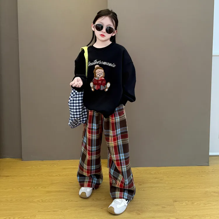 女童2025新款韩版时尚秋冬季加绒加厚刺绣卫衣格子阔腿裤套装潮酷