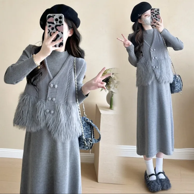 1687两件套马甲连衣裙长毛马甲+内搭连衣裙时尚