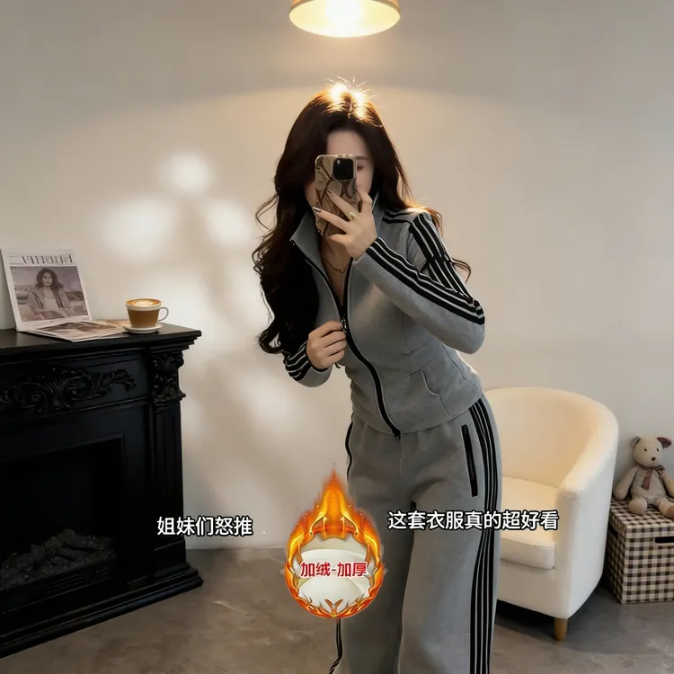 巨好看的冬装一整套减龄韩系慵懒风休闲运动立领外套阔腿裤两件套