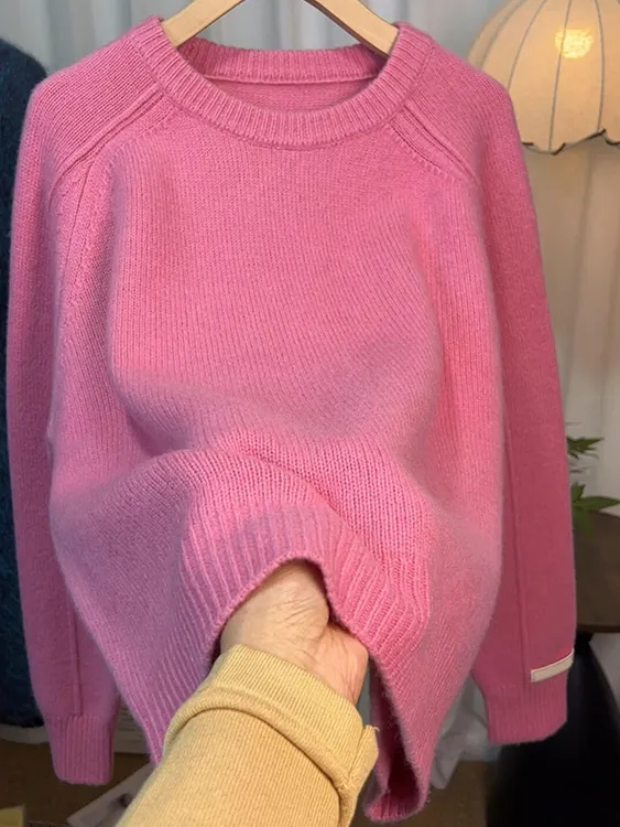 温柔慵懒风粉色圆领加厚毛衣女秋冬新款宽松百搭高级感针织衫上衣