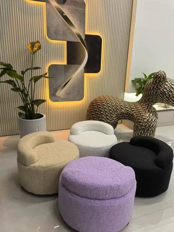 奶油风沙发凳家用小凳子靠背椅圆凳软包矮凳换鞋凳羊羔绒滑轮圆凳