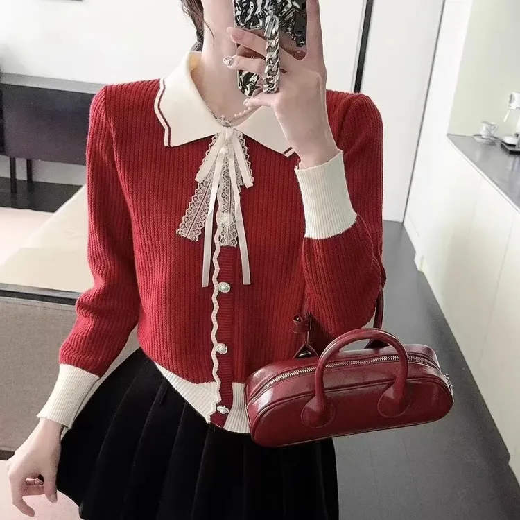 2025春季新款翻领长袖针织衫上衣女复古蝴蝶结蕾丝套头针织衫小香