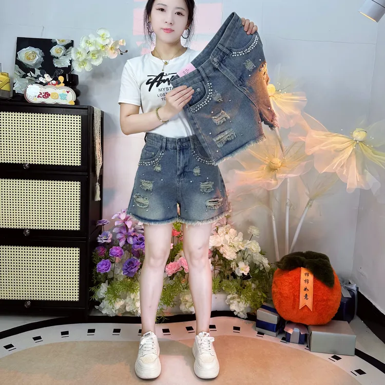 2025夏季牛仔短裤中高腰毛边短裤4分钉珠破洞牛仔裤女生显瘦短裤