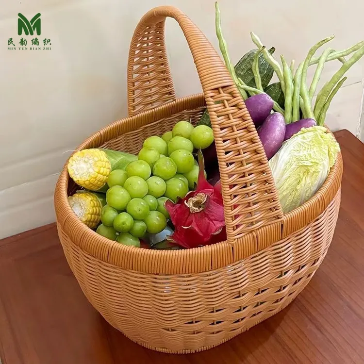 蓝买菜手提篮家用桌面零食水果鸡蛋藤编篮子蔬菜篮购物收纳篮