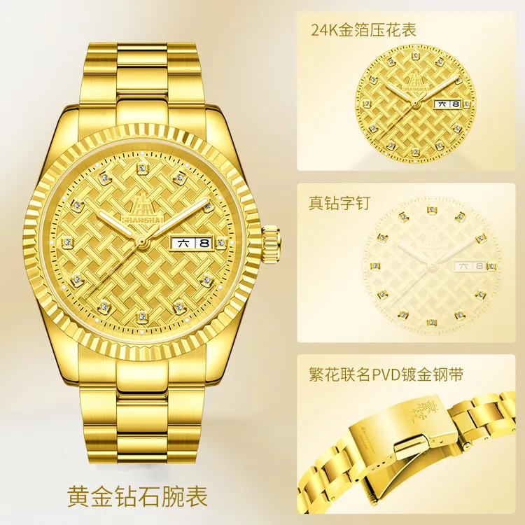 【金色年华】上海表正品新春款真钻镶金限量日历全自动机械超薄轻奢商品图