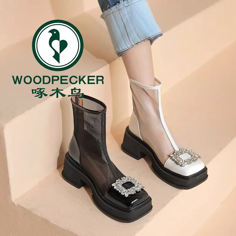 啄木鸟方头网纱凉靴女2025夏厚底薄款网面短靴粗跟透气镂空马丁靴