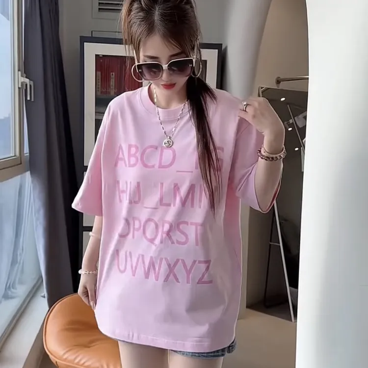 美式复古吸睛圆领宽松印花短袖T恤时尚显瘦休闲百搭潮流中长款