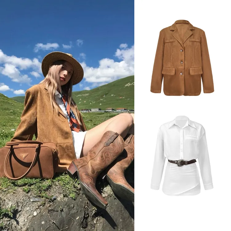 棕色西装白色宽松衬衫连衣裙Z 9062#