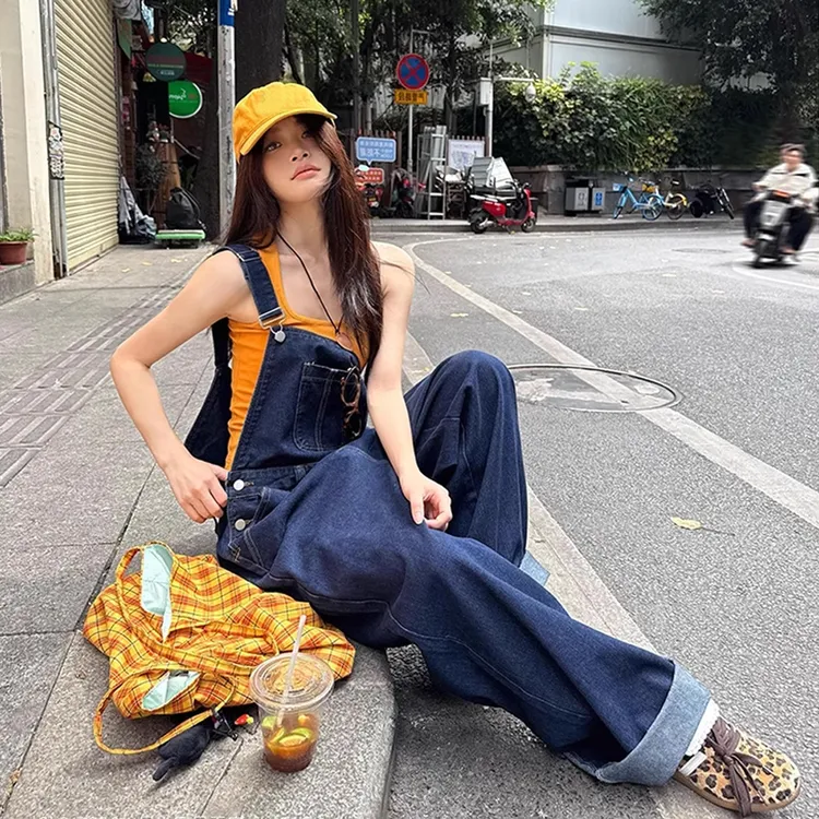 减龄牛仔背带裤女秋季2025年新款高腰美式复古直筒宽松阔腿连体裤