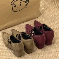 晚睡兰·内增高10cm复古皮带扣秋冬法式玛丽珍鞋绒面尖头铆钉单鞋