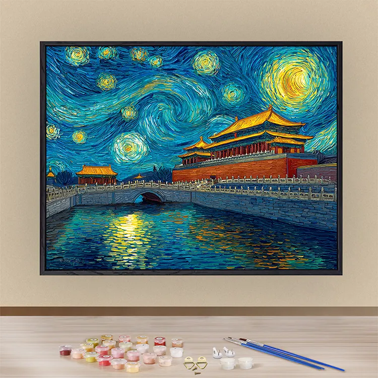 宫廷建筑风景数字油画厚涂颜料绘画填色画客厅装饰画手工diy礼物