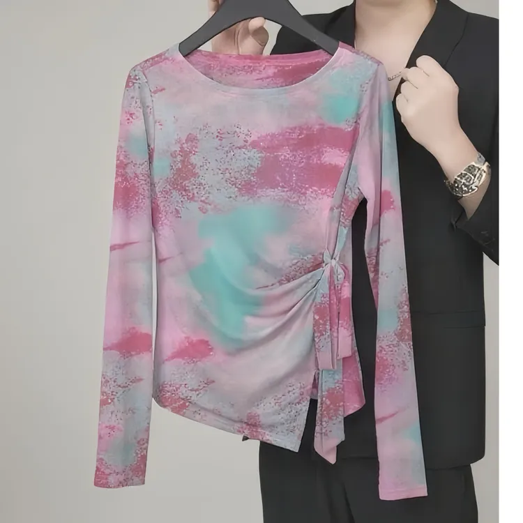 【幻彩绯雾】2025不规则设计感晕染蝴蝶结绑带长袖T恤女洋气上衣潮