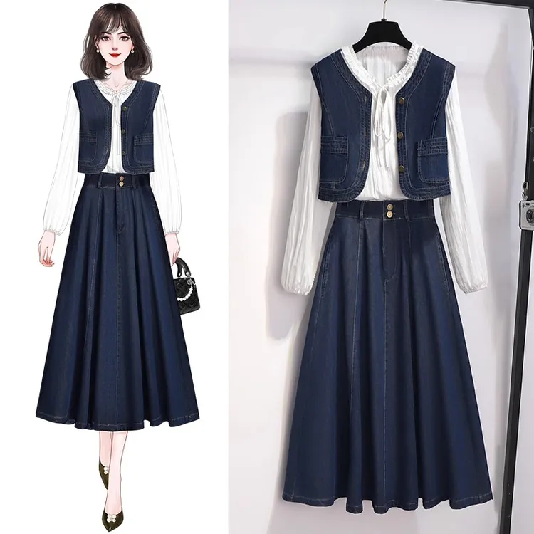 拉夏贝尔牛仔马甲套装裙女2025新款秋季百搭上衣马甲半身裙三件套