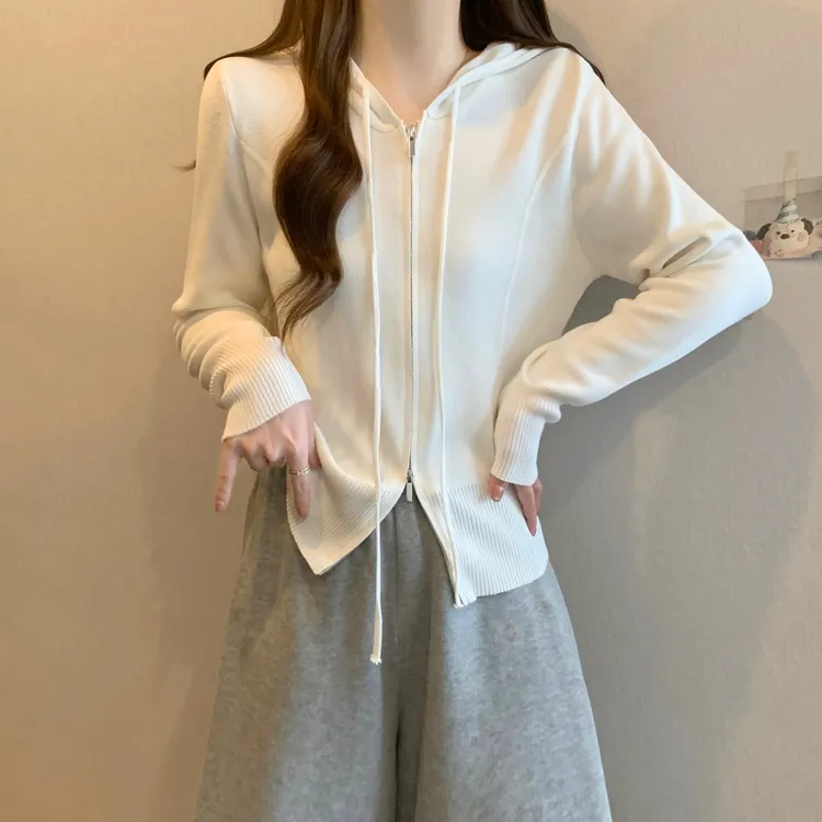 大码胖妹妹连帽针织开衫女春季新款休闲百搭宽松遮肚显瘦打底上衣