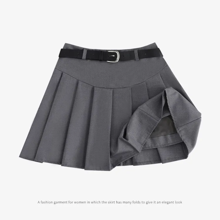 灰色百褶裙女高腰a字显瘦半身裙腰带学院风a字西装料设计感短裙