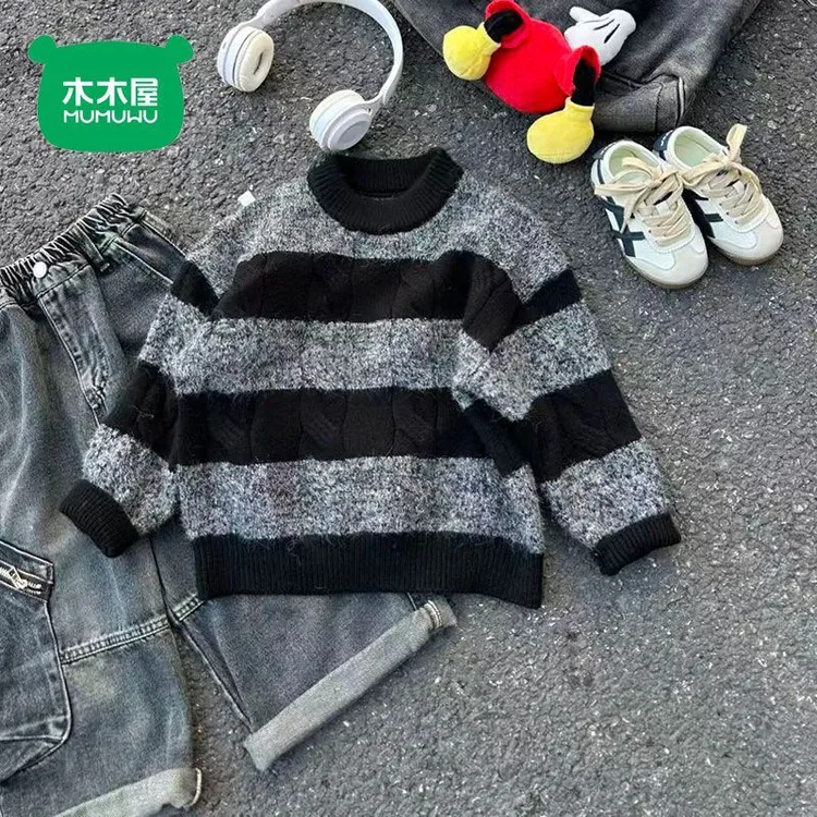 木木屋儿童拼色毛衣秋冬男童撞色条纹针织衫男孩圆领时尚羊毛上衣