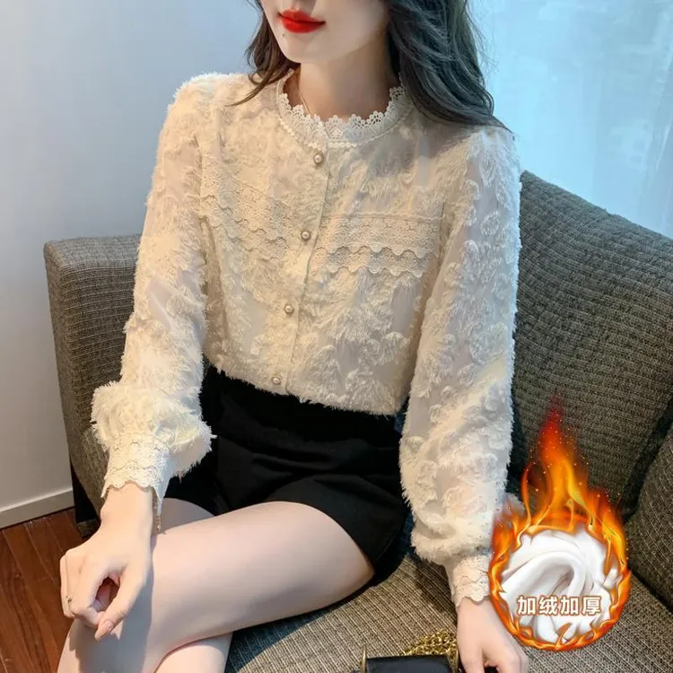 加绒加厚立领蕾丝衫洋气打底衫上衣超仙独特的衬衫长袖8016
