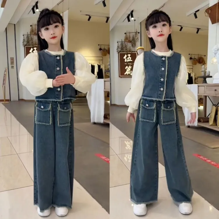 巴拉巴拉20252025秋季女童港味复古泡泡袖打底衫毛边牛仔马甲阔腿