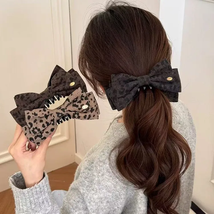 韩系复古美拉德色系豹纹蝴蝶结香蕉夹女2025秋冬高级感马尾夹发饰