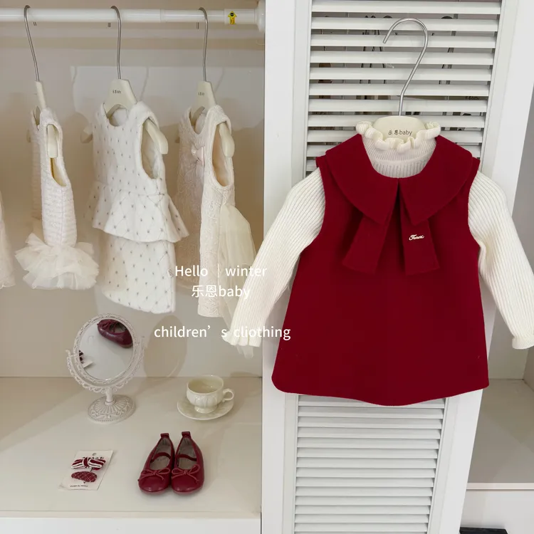 【乐恩童装】年服原创冬季女宝宝红色小礼服背心裙洋气喜庆连衣裙