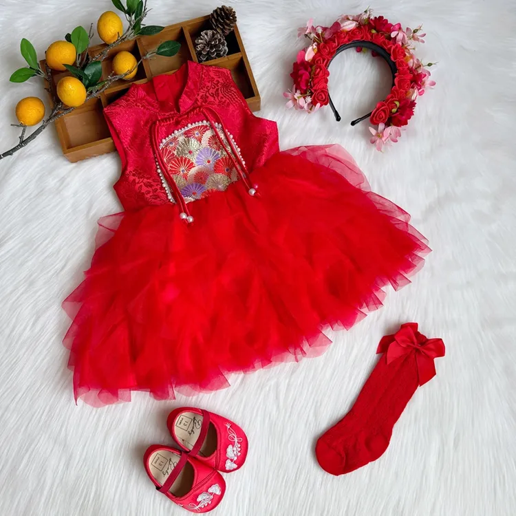 周岁女宝礼服夏季薄款新中式旗袍女宝宝抓周红色生日宴公主裙夏天