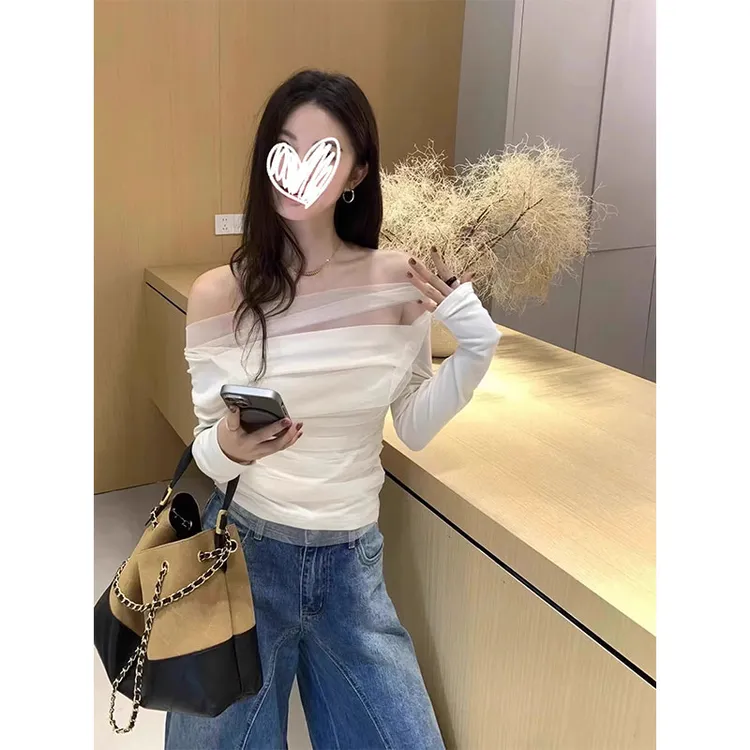 固质纯欲辣妹一字领斜肩长袖T恤女早秋修身收腰显瘦短款别致上衣