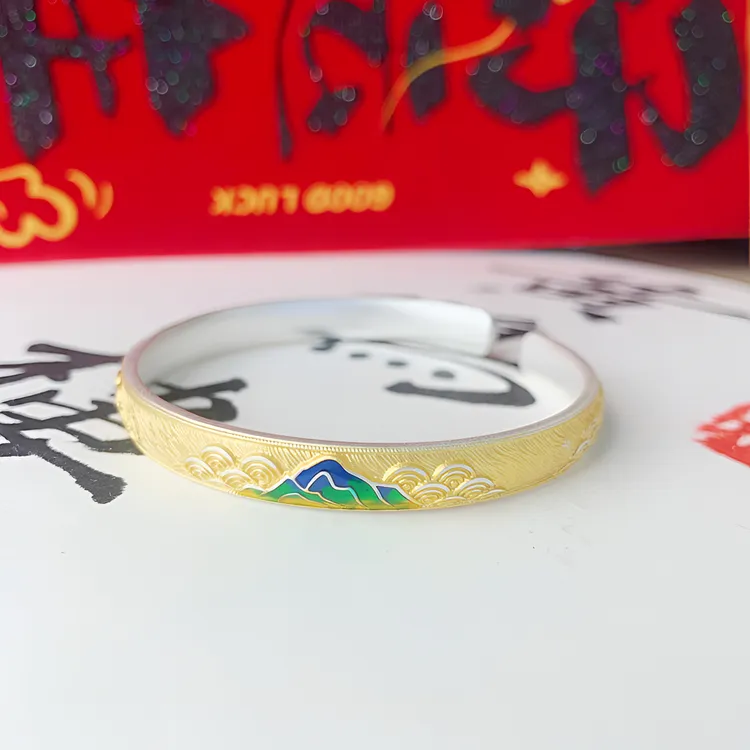 足银珐琅手镯 千里江山描金珐琅手镯实心足银9999时尚国风33.5克