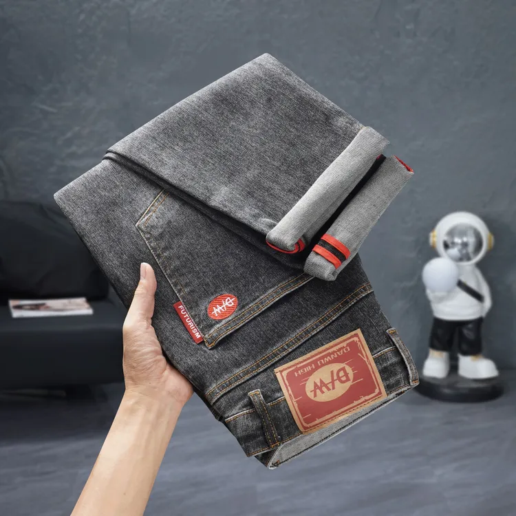 秋冬轻奢弹力男士牛仔裤休闲百搭小直筒裤韩版男士修身九分长裤灰