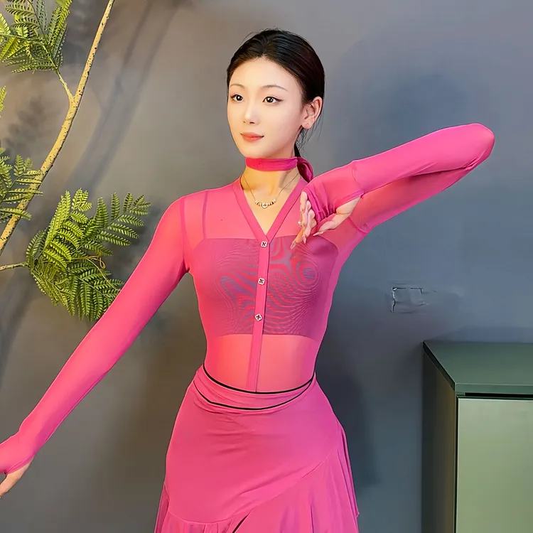 （原创设计）DZ帝筑拉丁舞服装女成人夏秋新款网纱连体上衣摩登交谊