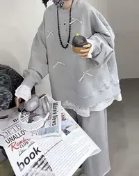 루루가−（蝴蝶天菜） 韩系灰色圆领女2025新款爆款时尚蝴蝶卫衣+卫裤