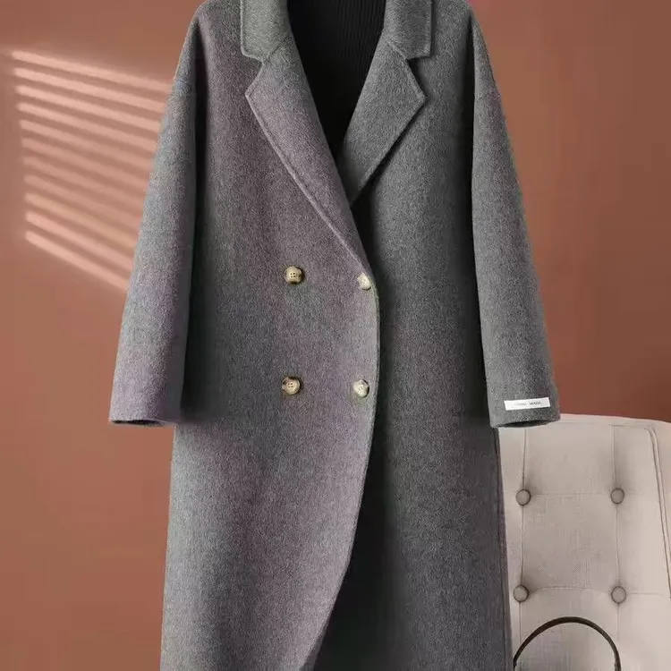 双面毛呢大衣女秋冬西装领双排扣过膝中长款宽松显瘦韩版外套