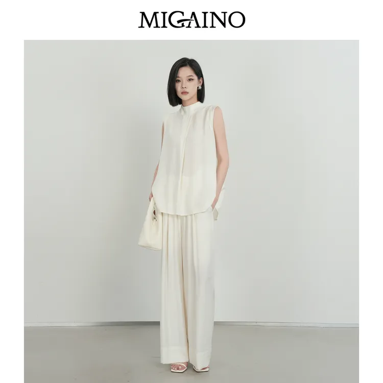 Migaino曼娅奴女装秋季新款淡盐系休闲简约无袖衬衫宽松薄款套装