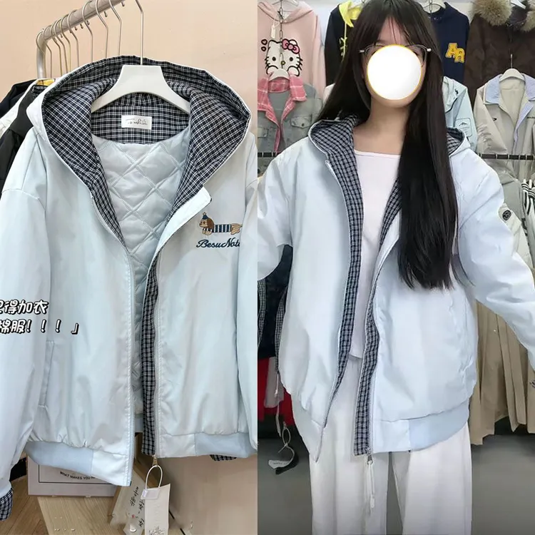 秋冬韩系夹棉加厚袖子拼格刺绣外套女连帽冲锋衣情侣百搭宽