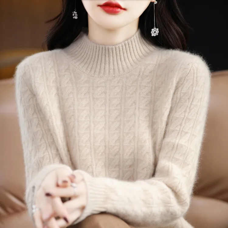 冬季新款正品羊毛衫女半高领宽松显瘦时尚绞花针织毛衣内搭打底衫