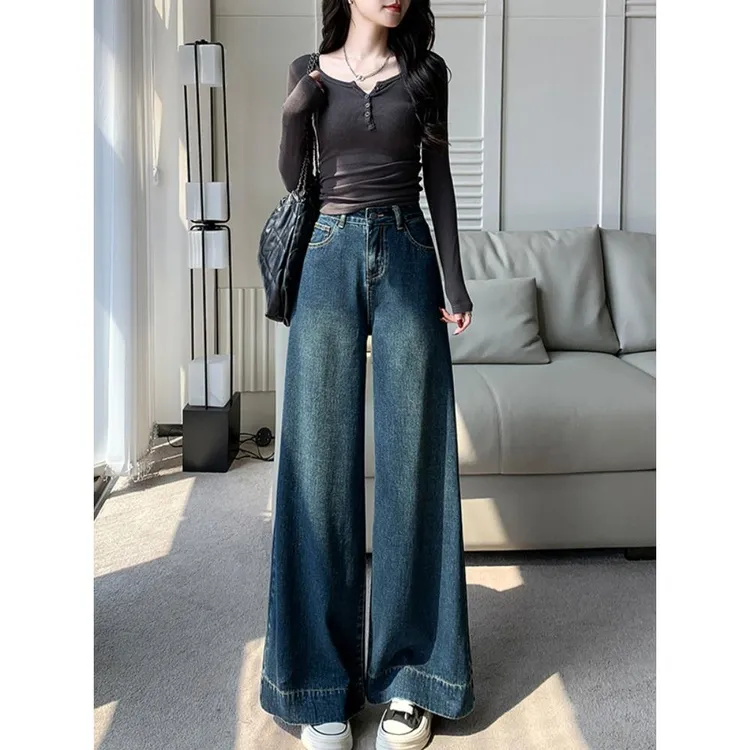 覆古牛仔裤女2025年新款春秋季小个子高腰显瘦宽松阔腿窄版直筒裤
