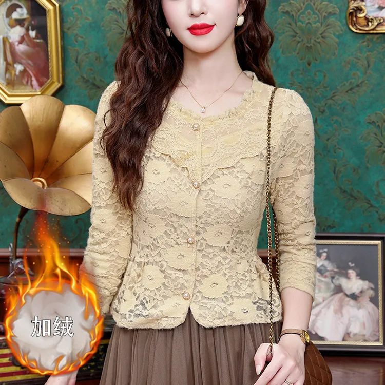 法式磨毛蕾丝衬衫女士秋冬装2025新款气质内搭加绒打底衫长袖上衣